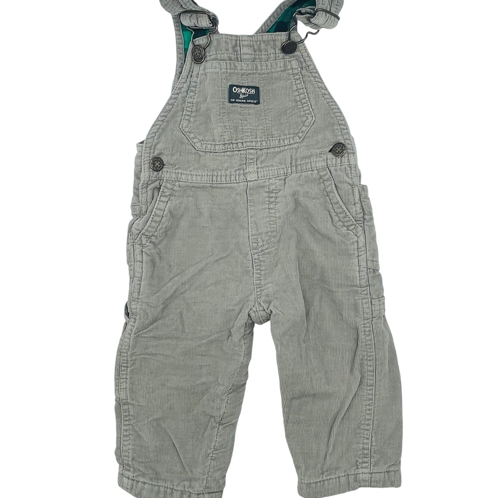 EUC OshKosh B'gosh Vestbak Corduroy Plaid Flannel Lined Overalls Gray Baby 9-12M